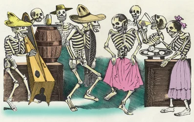 Die lebenden Toten: „Gran Fandango y Francachela de todas las Calaveras“, Xylographie von José Guadalupe Posada, die die Feierlichkeiten des Tags der Toten (1. November) illustriert. Mexiko