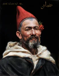 Kopf eines Marokkaners mit durchstochenen Ohren und rotem Hut, mit einer Blume im Ohr und einem Tattoo auf der Schläfe, 1892