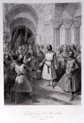 Gottfried von Bouillon (ca. 1060-1100) zum König von Jerusalem gewählt, graviert von Leopold Massard (1812-89)