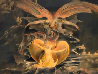 Der große rote Drache und die Frau mit der Sonne bekleidet