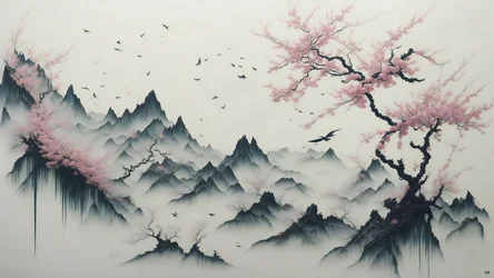 Tuschemalerei: Kirschblütenbäume blühen_01