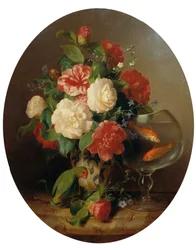 Blumenstück mit Goldfischglas