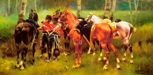 Gruppe von Husaren und Pferden im Wald