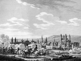 Eroberung der Stadt Speyer im Oktober 1792. Gravur von Berthaut nach Swebach. Paris, Bibliothek des Instituts für Revolutionsgeschichte