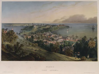 Port Antonio, Jamaika. Lithographie von Joseph Bartholomew Kidd (1808-1889)