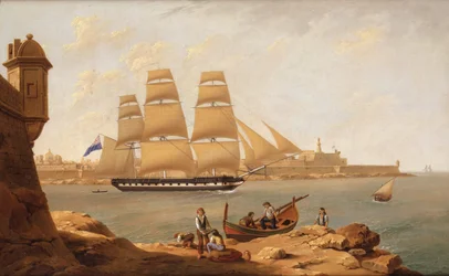 Eine Fregatte passiert Fort St. Elmo, während sie den Grand Harbour, Valetta, Malta verlässt