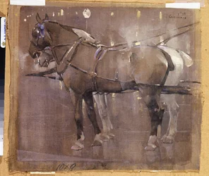 Kutschpferde bei Gaslicht (Aquarell & Körperfarbe auf Leinen)