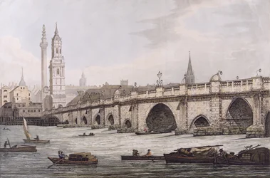 Ansicht der London Bridge, einschließlich der Kirche St. Magnus und des Monuments, graviert von J.C. Stadler