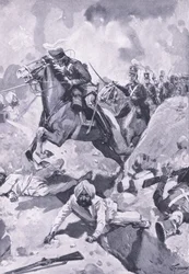 Sobraon: Sir Joseph Thackwell führt die 3. Leichten Dragoner in Einzelreihe durch einige Sikh-Erdwerke, Illustration aus British Battles on Land and Sea, 1915
