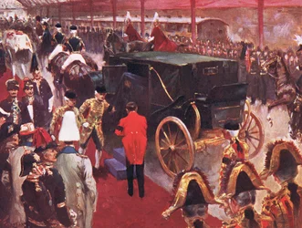 Die Ankunft Ihrer Majestät Königin Alexandra am Bahnhof Paddington anlässlich der Beerdigung ihrer verstorbenen Majestät Königin Victoria am 2. Februar 1901, Illustration aus Cassells Geschichte Englands, 1900er Jahre