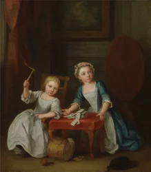Zwei Kinder der Nollekens-Familie, wahrscheinlich Jacobus und Maria Sophia, spielen mit einem Kreisel und Spielkarten, 1745
