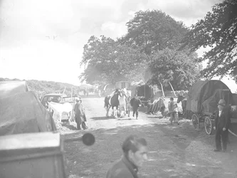 Pferde werden auf Straße in Appleby geführt mit Wohnwagen und Autos am Rand