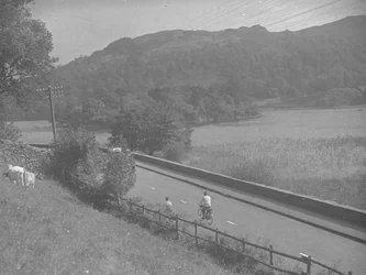 Blick auf eine Straße entlang Rydal Water, mit Menschen auf Fahrrädern, Vieh und Hügeln