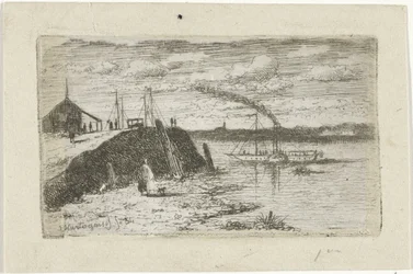 Flusslandschaft mit einem Dampfschiff