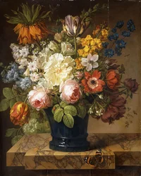 Blumen in einer Vase auf einem Marmorsims mit einem Admiral, einer Hummel, zwei Käfern und einer Libelle, 1807