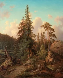 Waldlandschaft mit Frau, die Holz sammelt