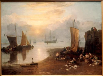 Sonnenaufgang durch Dunst: Fischer reinigen und verkaufen Fisch