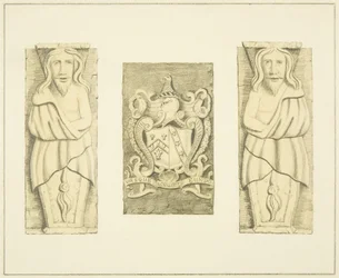 2 Figuren und Wappen vom Torbau des Black Castle, Brislington