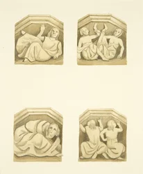 Vier Konsolen im Nordportal (ursprünglich Statuen tragend) von St. Mary Redcliffe