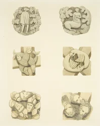 Sechs Gewölbesteine in der Decke beim Betreten der Nordtür der Kathedrale von Bristol