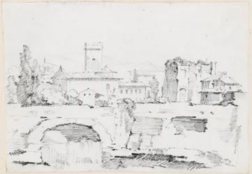 Eine italienische Stadt mit einer Steinbrücke und einem Wasserfall