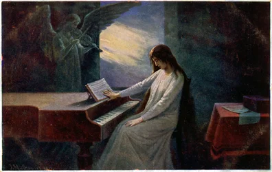 Musik. Der letzte Akkord. Sterbende Dame am Klavier. Illustration von Josef Mathauser, Tschechien, ca. 1910 (Postkarte)