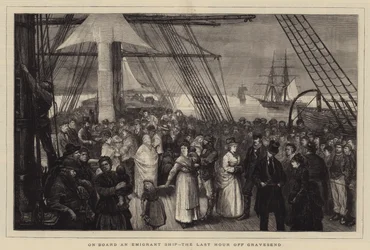 An Bord eines Auswandererschiffs, die letzte Stunde vor Gravesend