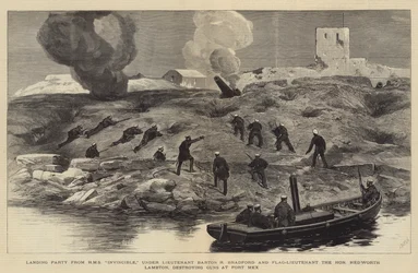 Die Bombardierung von Alexandria, Landungstrupp von HMS Invincible, unter Leutnant Barton R. Bradford und Flaggleutnant der Ehrenwerte Hedworth Lambton zerstören Kanonen bei Fort Mex