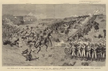 Die Rebellion im Sudan, die zweite Schlacht von Teb, General Grahams Quadrat erobert die erste Position des Feindes