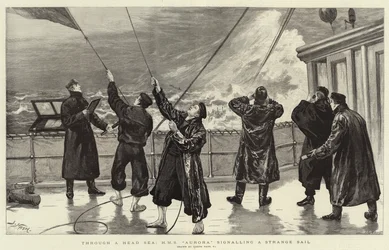 Durch eine Kopfsee, H.M.S. Aurora signalisiert ein fremdes Segel