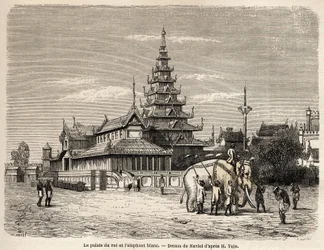 Der Palast des Königs von Ava in Amarapoura (heutiges Burma), Zeichnung von Navlet zur Illustration der Reise ins Königreich Ava im Jahr 1855 von Kapitän Henri Yule vom Bengalischen Genie-Korps. Gravur in „Le tour du monde, nouveau journal des voyages“