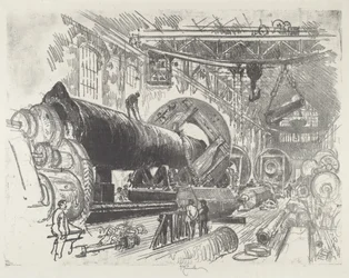 Schneiden und Drehen einer großen Kanone, 1916