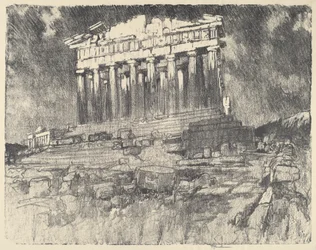 Die Fassade des Parthenon, Sonnenuntergang
