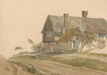 Bauernhaus mit Figuren an Tür und Fenster