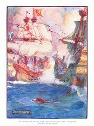 Sir Andrew besiegte mit seinen beiden Schiffen, der Yellow Carvel und der Flower, fünf der englischen Schiffe