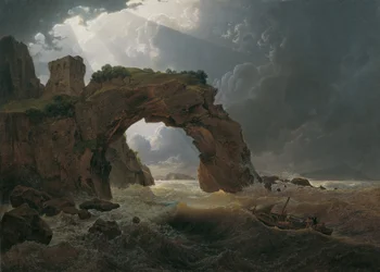 Meeressturm beim Arco di Miseno bei Miliscola mit Blick gegen Nisida