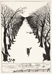 Die Katze, die für sich allein spazieren ging, Illustration aus „Nur-so-Geschichten für kleine Kinder“ von Rudyard Kipling, veröffentlicht in London, 1951