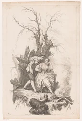 Man und Frau mit Hund am Feuer