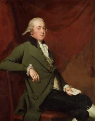 Porträt von Edward Abney, sitzend, Dreiviertellänge, in einem grünen Mantel, einen Brief haltend vor einem roten Vorhang, späte 1780er Jahre