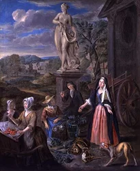 Figuren auf einem Markt in einer klassischen Landschaft
