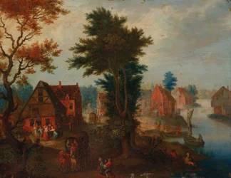 Eine Flusslandschaft mit Booten und Kutschen bei einem Dorf