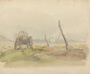 Landschaft mit Wasserwagen und Wäscheleine