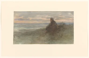 Sitzende Frau auf einer Düne am Meer