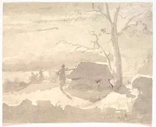 Landschaft im Mondlicht. Ein Jäger neben einem Dolmen