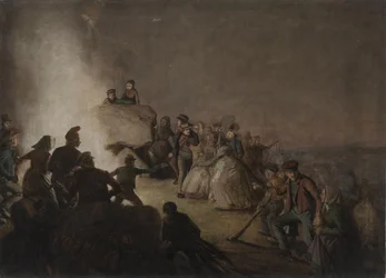 St. Hansaften. Bauern, die auf einem Hügel ein Feuer entzündet haben, tanzen um die Flammen