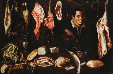 Ein Jugendlicher schenkt Wein in einer Speisekammer ein, 1606