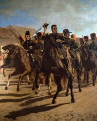 General José de San Martín (1778-1850) mit seinem Stab inspiziert Truppen in Rancagua, Chile