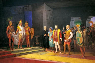 Hernán Cortés trifft Montezuma in Mexiko