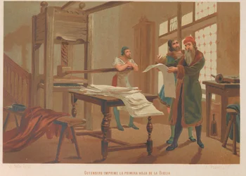 Gutenberg druckt die erste Seite der Bibel. Aus: La ciencia y sus hombres