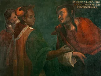 Indianer und Wolf erzeugen einen Halte-dich-in-der-Luft-Grifo, c.1715